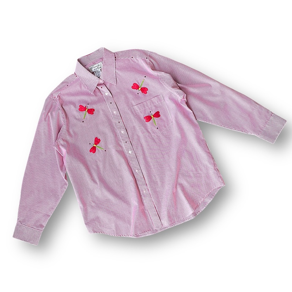 Vintage Red Embroidered Dragonfly Button-Up Long Sleeve Shirt